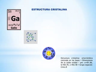 ESTRUCTURA CRISTALINA

Estructura cristalina: ortorrómbica
centrada en las bases Dimensiones
de la celda unidad / pm: a=451.86,
b=765.70, c=452.58 Grupo espacial:
Cmca 8

 