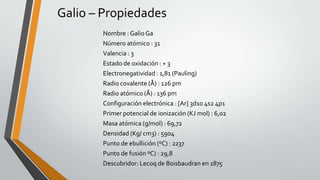 Galio – Propiedades
Nombre : Galio Ga
Número atómico : 31
Valencia : 3
Estado de oxidación : + 3
Electronegatividad : 1,81 (Pauling)
Radio covalente (Å) : 126 pm
Radio atómico (Å) : 136 pm
Configuración electrónica : [Ar] 3d10 4s2 4p1
Primer potencial de ionización (KJ mol) : 6,02
Masa atómica (g/mol) : 69,72
Densidad (Kg/ cm3) : 5904
Punto de ebullición (ºC) : 2237
Punto de fusión ºC) : 29,8
Descubridor: Lecoq de Boisbaudran en 1875

 