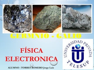ALUMNO : TORRES ROMERO Jorge Luis
SILICIO -
GERMNIO - GALIO
CARACTERÍSTICAS, PROPIEDADES Y APLICACIONES
FÍSICA
ELECTRONICA
 