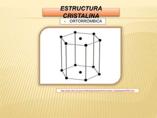 ESTRUCTURA
CRISTALINA
 ORTORRÓMBICA
http://www.nlm.nih.gov/medlineplus/spanish/ency/esp_imagepages/9595.htm
 