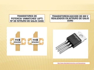 TRANSISTORES DE
POTENCIA ‘UNMATCHED’ (UPT)
RF DE NITRURO DE GALIO (GAN)
TRANSISTORESCASCODE DE 600 V
REALIZADOS EN NITRURO DE GALIO
(GAN)
http://www.diarioelectronicohoy.com/transistores
 