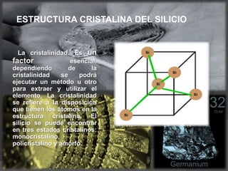 ESTRUCTURA CRISTALINA DEL SILICIO
La cristalinidad. Es un
factor esencial,
dependiendo de la
cristalinidad se podrá
ejecutar un método u otro
para extraer y utilizar el
elemento. La cristalinidad
se refiere a la disposición
que tienen los átomos en la
estructura cristalina. El
silicio se puede encontrar
en tres estados cristalinos:
monocristalino,
policristalino y amorfo.
 