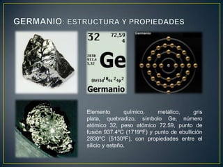 Elemento
químico,
metálico,
gris
plata, quebradizo, símbolo Ge, número
atómico 32, peso atómico 72.59, punto de
fusión 937.4ºC (1719ºF) y punto de ebullición
2830ºC (5130ºF), con propiedades entre el
silicio y estaño.

 
