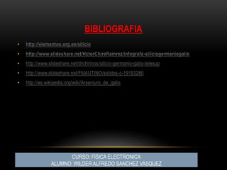 BIBLIOGRAFIA
• http://elementos.org.es/silicio
• http://www.slideshare.net/HctorChireRamrez/infografa-siliciogermaniogalio
• http://www.slideshare.net/drchirinos/silicio-germanio-galio-telesup
• http://www.slideshare.net/FMAUTINO/solidos-c-19193280
• http://es.wikipedia.org/wiki/Arseniuro_de_galio
CURSO: FISICA ELECTRONICA
ALUMNO: WILDER ALFREDO SANCHEZ VASQUEZ
 