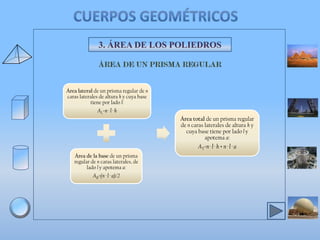3. ÁREA DE LOS POLIEDROS

Área lateral de un prisma regular de n
caras laterales de altura h y cuya base
tiene por lado l:

AL=n · l · h
Área total de un prisma regular
de n caras laterales de altura h y
cuya base tiene por lado l y
apotema a:

AT=n · l · h + n · l · a
Área de la base de un prisma
regular de n caras laterales, de
lado l y apotema a:

AB=(n · l · a)/2

 