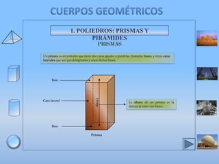 1. POLIEDROS: PRISMAS Y
PIRÁMIDES
Un prisma es un poliedro que tiene dos caras iguales y paralelas, llamadas bases, y otras caras
laterales que son paralelogramos y unen dichas bases.

Cara lateral

Altura

Base

Base

Prisma

La altura de un prisma es la
distancia entre sus bases.

 