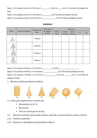 Regra 1: Em qualquer prisma o nº de faces é _________ à soma de ____ com o nº de lados do polígono da
base.
Regra 2: Em qualquer prisma, o nº de vértices é __________ do nº de lados do polígono da base.
Regra 3: Em qualquer prisma, o nº de arestas é ________________ do nº de lados do polígono da base.


                                                PIRÂMIDES

                                                Nº de lados                     Cálculo do
                                  Polígono da
  Sólido      Nome da pirâmide                  do polígono    Nº de      Nº de      Nº de
                                      base                                                       F+V    A+2
                                                  da base      Faces     Vértices   Arestas

                                    Triângulo



                                   Quadrado



                                   Pentágono



                                   Hexágono



Regra 4: Em qualquer Pirâmide, o nº de Faces é ___________ ao nº de ______________________
Regra 5: Em qualquer Pirâmide, o nº de Arestas é ________________ do nº de lados do polígono da base.
Regra 6: Em qualquer Pirâmide, o nº de faces é ____________ à soma de _______ com o nº de lados do
polígono da base.
1. Observa os sólidos geométricos da figura:




1.1. Indica, pela respetiva letra, os sólidos que:
               São poliedros. A, D, C, F
               São prismas.
               Têm um número par de vértices.
1.2.    Descreve a pirâmide representada na figura, indicando o número de faces, arestas e vértices.
1.2.1. Classifica a pirâmide?
1.2.2. Classifica os não poliedros representados na figura?
 