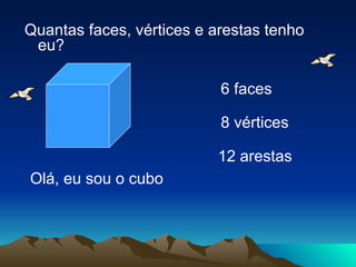 12 arestas 6 faces 8 vértices Olá, eu sou o cubo Quantas faces, vértices e arestas tenho eu? 