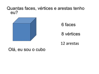Quantas faces, vértices e arestas tenho
 eu?

                           6 faces

                           8 vértices

                           12 arestas
Olá, eu sou o cubo
 