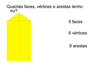 Quantas faces, vértices e arestas tenho
 eu?

                               5 faces

                               6 vértices


                                9 arestas
 
