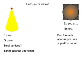 E nós, quem somos?




                                            Eu sou a …
                                            Esfera.

Eu sou…                                Sou formada
O cone.                                apenas por uma
                                       superfície curva
Terei vértices?
Tenho apenas um vértice.
 