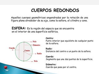 CUERPOS REDONDOS Aquellos cuerpos geométricos engendrados por la rotación de una figura plana alrededor de su eje, como la esfera, el cilindro y cono. ESFERA:   Es la región del espacio que se encuentra en el interior de una superficie esférica. Centro: Punto interior que equidista de cualquier punto de la esfera. Radio: Distancia del centro a un punto de la esfera. Cuerda: Segmento que une dos puntos de la superficie. Diámetro: Cuerda que pasa por el centro. 