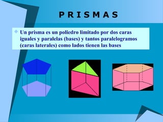 P R I S M A S 
 Un prisma es un poliedro limitado por dos caras 
iguales y paralelas (bases) y tantos paralelogramos 
(caras laterales) como lados tienen las bases 
 