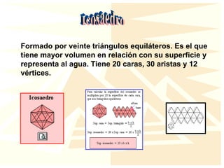 Formado por veinte triángulos equiláteros. Es el que
tiene mayor volumen en relación con su superficie y
representa al agua. Tiene 20 caras, 30 aristas y 12
vértices.
 