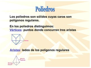 Los poliedros son sólidos cuyas caras son
polígonos regulares.
En los poliedros distinguimos:
Vértices: puntos donde concurren tres aristas
Aristas: lados de los polígonos regulares
 