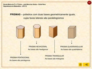 sair

Escola Básica de 2º e 3º Ciclos – José Maria dos Santos – Pinhal Novo
Departamento de Matemática – 2011/12




           PRISMAS – poliedros com duas bases geometricamente iguais,
                                cujas faces laterais são paralelogramos




                                         PRISMA HEXAGONAL                            PRISMA QUADRANGULAR
                                        As bases são hexágonos                        As bases são quadriláteros


                                                                    PRISMA TRIANGULAR
           PRISMA PENTAGONAL
                                                                   As bases são triângulos
          As bases são pentágonos
 