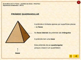 sair

Escola Básica de 2º e 3º Ciclos – José Maria dos Santos – Pinhal Novo
Departamento de Matemática – 2011/12




               PIRÂMIDE QUADRANGULAR



                                                          A pirâmide é limitada apenas por superfícies planas
                                                          – as faces


                                                          As faces laterais da pirâmide são triângulos


                                                          A pirâmide tem uma base


                                                          Esta pirâmide diz-se quadrangular
                                                          porque a base é um quadrilátero


                      base
 