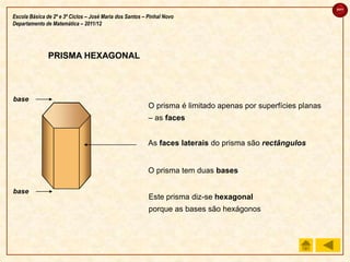 sair

Escola Básica de 2º e 3º Ciclos – José Maria dos Santos – Pinhal Novo
Departamento de Matemática – 2011/12




               PRISMA HEXAGONAL



base
                                                          O prisma é limitado apenas por superfícies planas
                                                          – as faces


                                                          As faces laterais do prisma são rectângulos


                                                          O prisma tem duas bases

base
                                                          Este prisma diz-se hexagonal
                                                          porque as bases são hexágonos
 