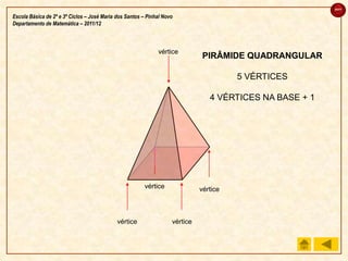 sair

Escola Básica de 2º e 3º Ciclos – José Maria dos Santos – Pinhal Novo
Departamento de Matemática – 2011/12



                                                              vértice
                                                                               PIRÂMIDE QUADRANGULAR

                                                                                        5 VÉRTICES

                                                                                 4 VÉRTICES NA BASE + 1




                                                        vértice               vértice



                                             vértice                vértice
 