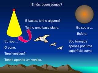 E nós, quem somos?



              E bases, tenho alguma?

              Tenho uma base plana.         Eu sou a …
                                            Esfera.

Eu sou…                                Sou formada
O cone.                                apenas por uma
                                       superfície curva
Terei vértices?
Tenho apenas um vértice.
 