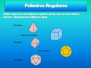 Sólidos GeométricosLivro:ParalelepípedoGlobo:EsferaLata de sumo:CilindroDado:CuboTambor:CilindroPino:ConeSólidos geométricos ->São volumes delimitados por polígonos. São objetos tridimensionais, isto é, têm largura, comprimento e altura.