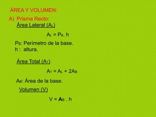 ÁREA Y VOLUMEN: Prisma Recto: Área Lateral (AL)AL = PB. hPB: Perímetro de la base.h :  altura.Área Total (AT)AT = AL + 2ABAB: Área de la base. Volumen (V)V = AB . h