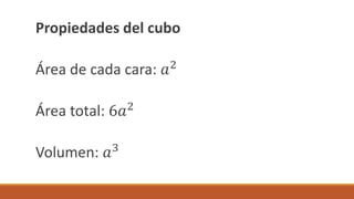 Propiedades del cubo
Área de cada cara: 𝑎2
Área total: 6𝑎2
Volumen: 𝑎3
 
