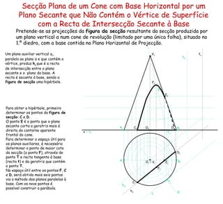 Secção Plana de um Cone com Base Horizontal por um Plano Secante que Não Contém o Vértice de Superfície com a Recta de Intersecção Secante à Base Pretende-se as projecções da  figura da secção  resultante da secção produzida por um plano vertical  α  num cone de revolução (limitado por uma única folha), situado no 1.º diedro, com a base contida no Plano Horizontal de Projecção. ≡   V 1 h α  f α   Um plano auxiliar vertical  α 1 , paralelo ao plano  α  e que contém o vértice, produz  h α  que é a recta de intersecção entre o plano secante e o  plano da base. A recta é secante à base, sendo a  figura de secção  uma hipérbole.  h α 1   f α 1   Para obter a hipérbole, primeiro determinar os pontos da  figura de secção :  C  e  D . O ponto  E  é o ponto que o plano secante corta a geratriz mais á direita do contorno aparente frontal do cone. Para determinar o espaço útil para os planos auxiliares, é necessário determinar o ponto de maior cota da secção (o ponto  F ), através de ponto  T  e recta tangente à base (recta  t ) e da geratriz que contém o ponto  T . No espaço útil entre os pontos  F ,  C  e  D , será obtido mais seis pontos via o método dos planos paralelos à base. Com os nove pontos é possível construir a parábola. t 1 ≡   t 2 g 1 g 2 x O 2 O 1 V 2 A 2 A 1 B 2 B 1 C 2 C 1 D 2 D 1 E 2 E 1 T 2 T 1 F 2 F 1 