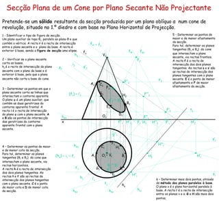 Secção Plana de um Cone por Plano Secante Não Projectante   Pretende-se um  sólido  resultante da secção produzida por um plano oblíquo  α  num cone de revolução, situado no 1.º diedro e com base no Plano Horizontal de Projecção.   1 - Identificar o tipo de figura de secção.  Um plano auxiliar de topo  θ 1 , paralelo ao plano  θ  e que contém o vértice. A recta  r  é a recta de intersecção entre o plano secante e o  plano da base. A recta é exterior à base, sendo a  figura de secção  uma elipse. 2 – Verificar se o plano secante corta as bases. h α   é a recta de intersecção do plano secante com o plano da base e é exterior à base, pelo que o plano secante não corta a base do cone.   3 – Determinar os pontos em que o plano secante corta as linhas que intersectam o contorno aparente. O plano  φ  é um plano auxiliar, que contém as duas geratrizes do contorno aparente frontal. A recta  i  é a recta de intersecção do plano  φ  com o plano secante.  A  e  B  são os pontos de intersecção das geratrizes do contorno aparente frontal com o plano secante. 4 – Determinar os pontos de maior e de menor cota da secção. Para tal, determinar os planos tangentes ( θ 1   e  θ 2 )   do cone que intersectam o plano secante, via rectas horizontais. A recta  h  é a recta de intersecção dos dois planos tangentes. As rectas  t  e  t ’ são as rectas de intersecção dos planos tangentes com o plano secante.  C  é o ponto de maior cota e  D  de menor cota da secção. ≡   V 1 f α  h α  f α 1   h α 1   (h φ ) ≡   i 1 i 2 g 1  ≡  g’ 1 g 2 g’ 2 h 1 h 2 h θ 1 h θ 2 f θ 1 f θ 2 t 1 t 2 t’ 1 t’ 2 ≡   f 1 ≡   f 2 h θ 3 h θ 4 g’’ 1 g’’’ 1 g’’ 2  ≡  g’’’ 2 s 1 s 2 s’ 1 s’ 2 (f ν ) ≡   i’ 2 i’ 1 5 - Determinar os pontos de maior e de menor afastamento da secção. Para tal, determinar os planos tangentes ( θ 3   e  θ 4 )   do cone que intersectam o plano secante, via rectas frontais. A recta  f  é a recta de intersecção dos dois planos tangentes. As rectas  s  e  s ’ são as rectas de intersecção dos planos tangentes com o plano secante.  E  é o ponto de menor afastamento e  F  de maior afastamento da secção. 6 – Determinar mais dois pontos, através do  método dos planos paralelos à base . O plano  ν  é o plano horizontal paralelo à base. A recta  i ’ é a recta de intersecção entre os planos  ν  e  α .  G  e  H  são mais dois pontos.   x O 2 O 1 V 2 H 2 H 1 A 2 A 1 B 2 B 1 F 2 F 1 F’ 2 F’ 1 F’’ 2 F’’ 1 C 2 C 1 D 2 D 1 H’ 2 H’ 1 H’’ 2 H’’ 1 H’’’ 2 H’’’ 1 E 2 E 1 F 2 F 1 F’’’ 2 F’’’ 1 G 2 G 1 H 2 H 1 