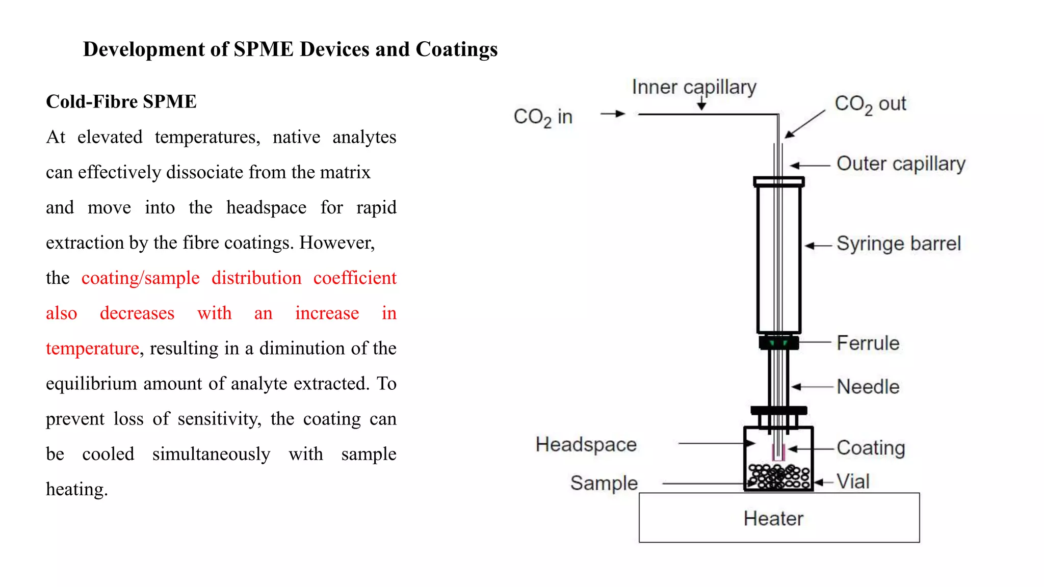 Development of SPME Devices and Coatings
Cold-Fibre SPME
At elevated temperatures, native analytes
can effectively dissociate from the matrix
and move into the headspace for rapid
extraction by the fibre coatings. However,
the coating/sample distribution coefficient
also decreases with an increase in
temperature, resulting in a diminution of the
equilibrium amount of analyte extracted. To
prevent loss of sensitivity, the coating can
be cooled simultaneously with sample
heating.
 