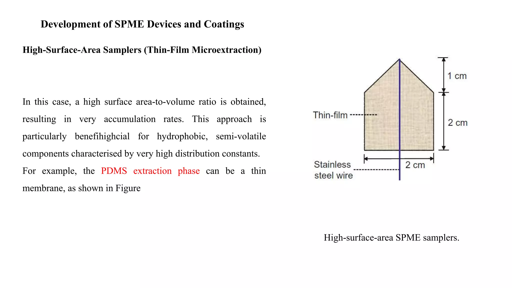 Development of SPME Devices and Coatings
High-Surface-Area Samplers (Thin-Film Microextraction)
In this case, a high surface area-to-volume ratio is obtained,
resulting in very accumulation rates. This approach is
particularly benefihighcial for hydrophobic, semi-volatile
components characterised by very high distribution constants.
For example, the PDMS extraction phase can be a thin
membrane, as shown in Figure
High-surface-area SPME samplers.
 