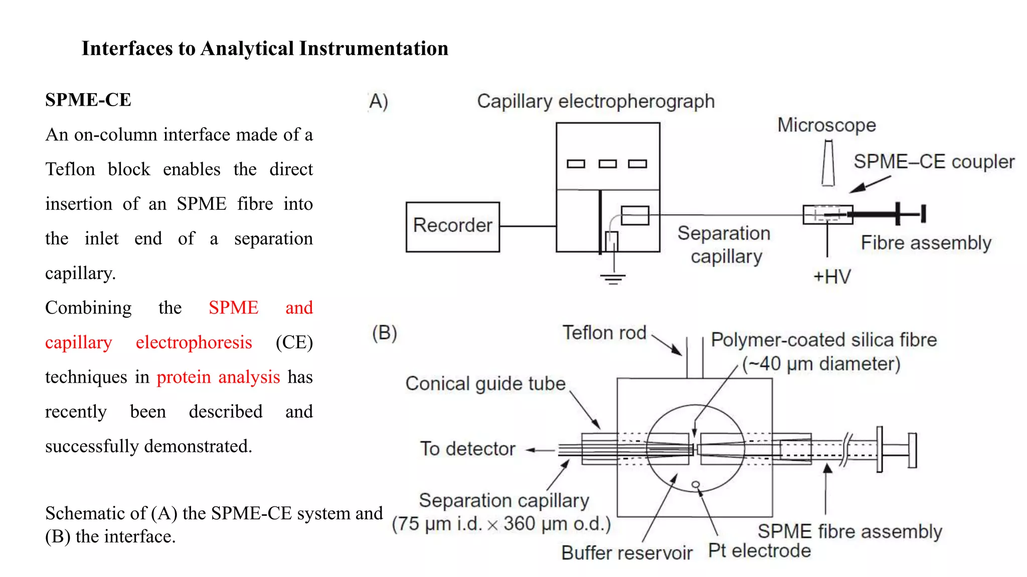 Interfaces to Analytical Instrumentation
SPME-CE
An on-column interface made of a
Teflon block enables the direct
insertion of an SPME fibre into
the inlet end of a separation
capillary.
Combining the SPME and
capillary electrophoresis (CE)
techniques in protein analysis has
recently been described and
successfully demonstrated.
Schematic of (A) the SPME-CE system and
(B) the interface.
 