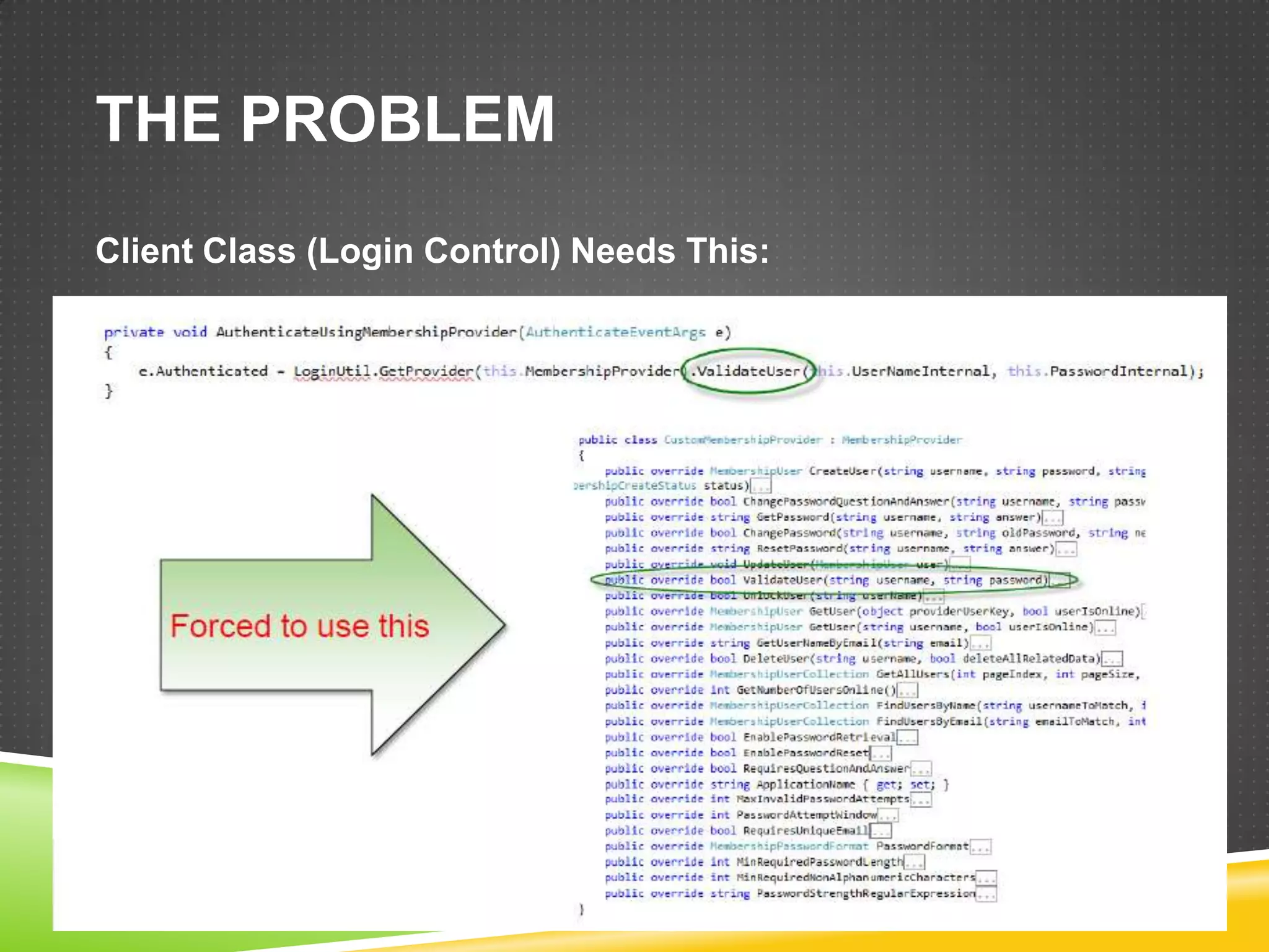THE PROBLEM
Client Class (Login Control) Needs This:
 
