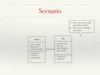 Factory method pattern: Discussion
❖ A class cannot anticipate the
class of objects it must create
❖ A class wants its subclasses to
specify the objects it creates
Deﬁne an interface for creating an object, but let subclasses decide which class to
instantiate. Factory method lets a class defer instantiation to subclasses.
❖ Delegate the responsibility
to one of the several helper
subclasses
❖ Also, localize the
knowledge of which
subclass is the delegate
 