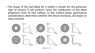 • The shape of the fuel block for a rocket is chosen for the particular
type of mission it will perform. Since the combustion of the block
progresses from its free surface, as this surface grows, geometrical
considerations determine whether the thrust increases, decreases or
stays constant.
 