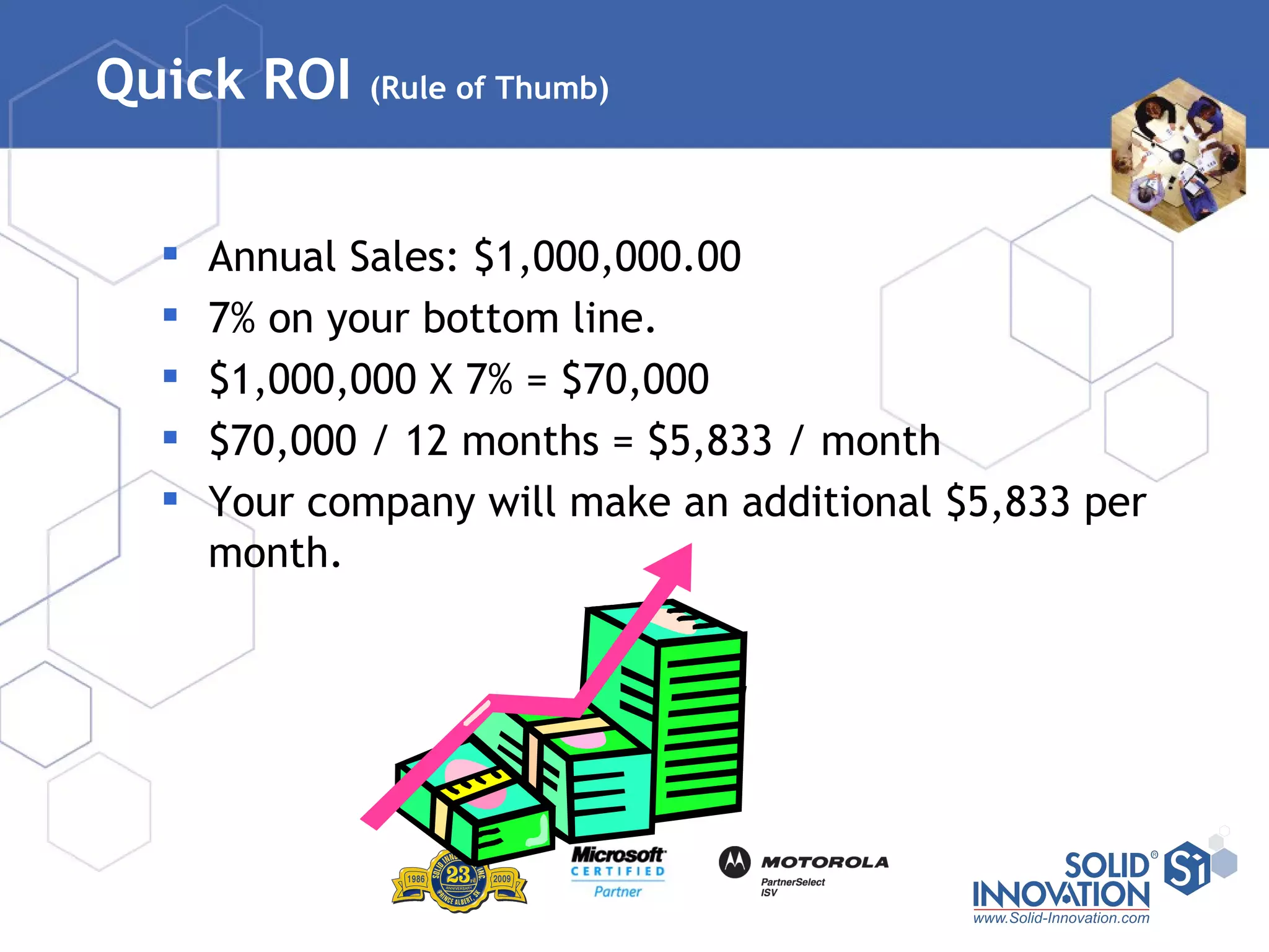 Quick ROI  (Rule of Thumb) Annual Sales: $1,000,000.00 7% on your bottom line. $1,000,000 X 7% = $70,000 $70,000 / 12 months = $5,833 / month Your company will make an additional $5,833 per month. 