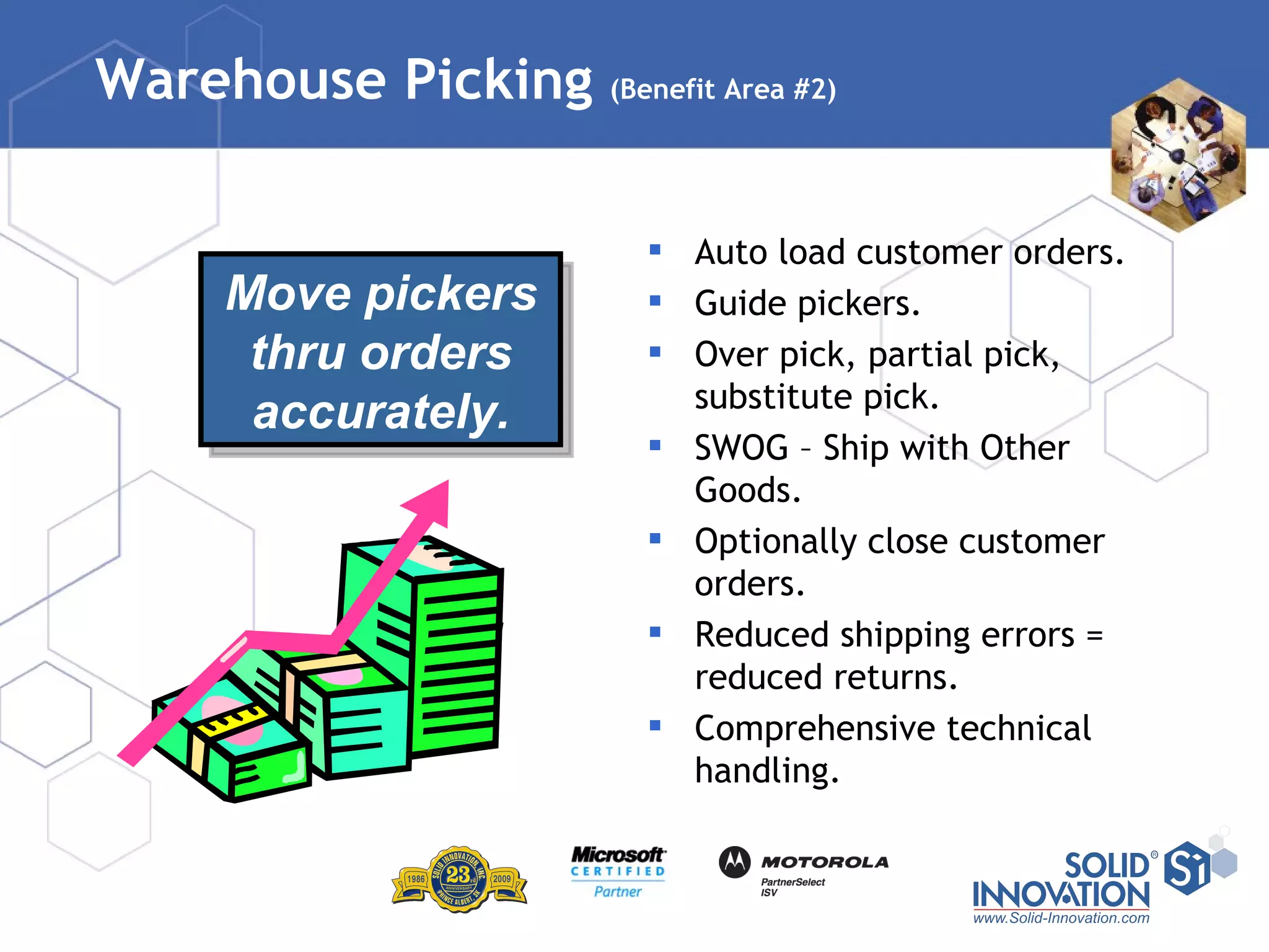 Warehouse Picking  (Benefit Area #2) Auto load customer orders. Guide pickers. Over pick, partial pick, substitute pick. SWOG – Ship with Other Goods. Optionally close customer orders. Reduced shipping errors = reduced returns. Comprehensive technical handling. Move pickers thru orders accurately. 