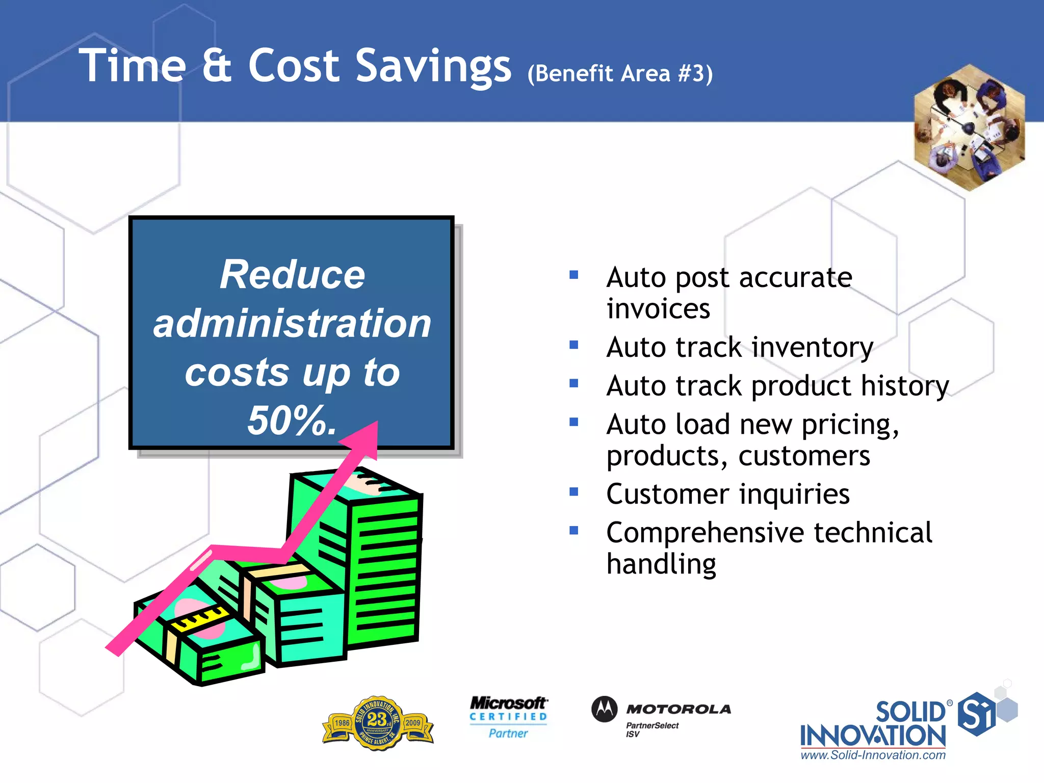 Time & Cost Savings  (Benefit Area #3) Auto post accurate invoices Auto track inventory Auto track product history Auto load new pricing, products, customers Customer inquiries Comprehensive technical handling Reduce administration costs up to 50%. 