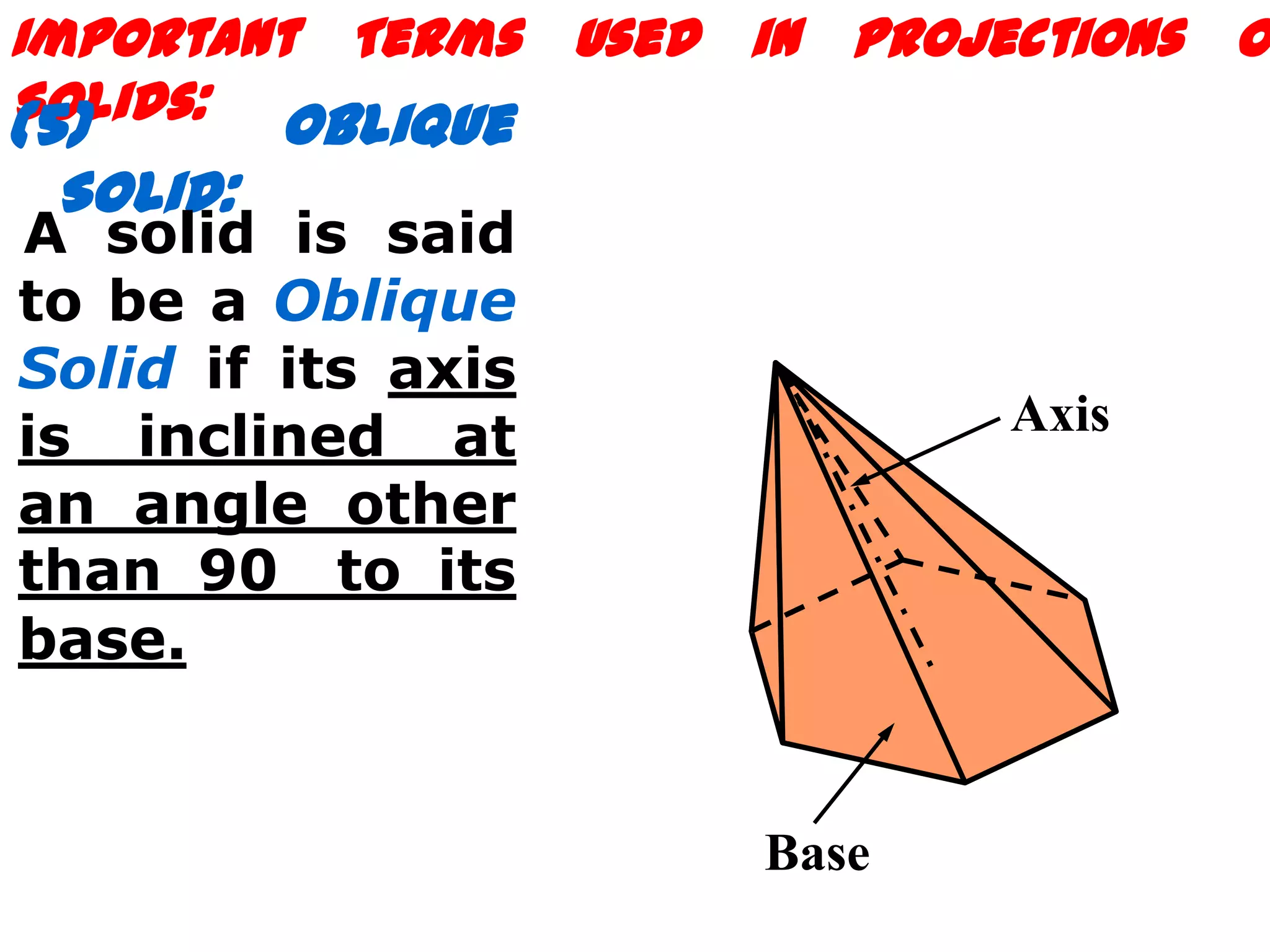Important Terms Used in Projections o
Solids: Oblique
(5)
 Solid:
A solid is said
to be a Oblique
Solid if its axis
is inclined at               Axis
an angle other
than 90 to its
base.


                      Base
 