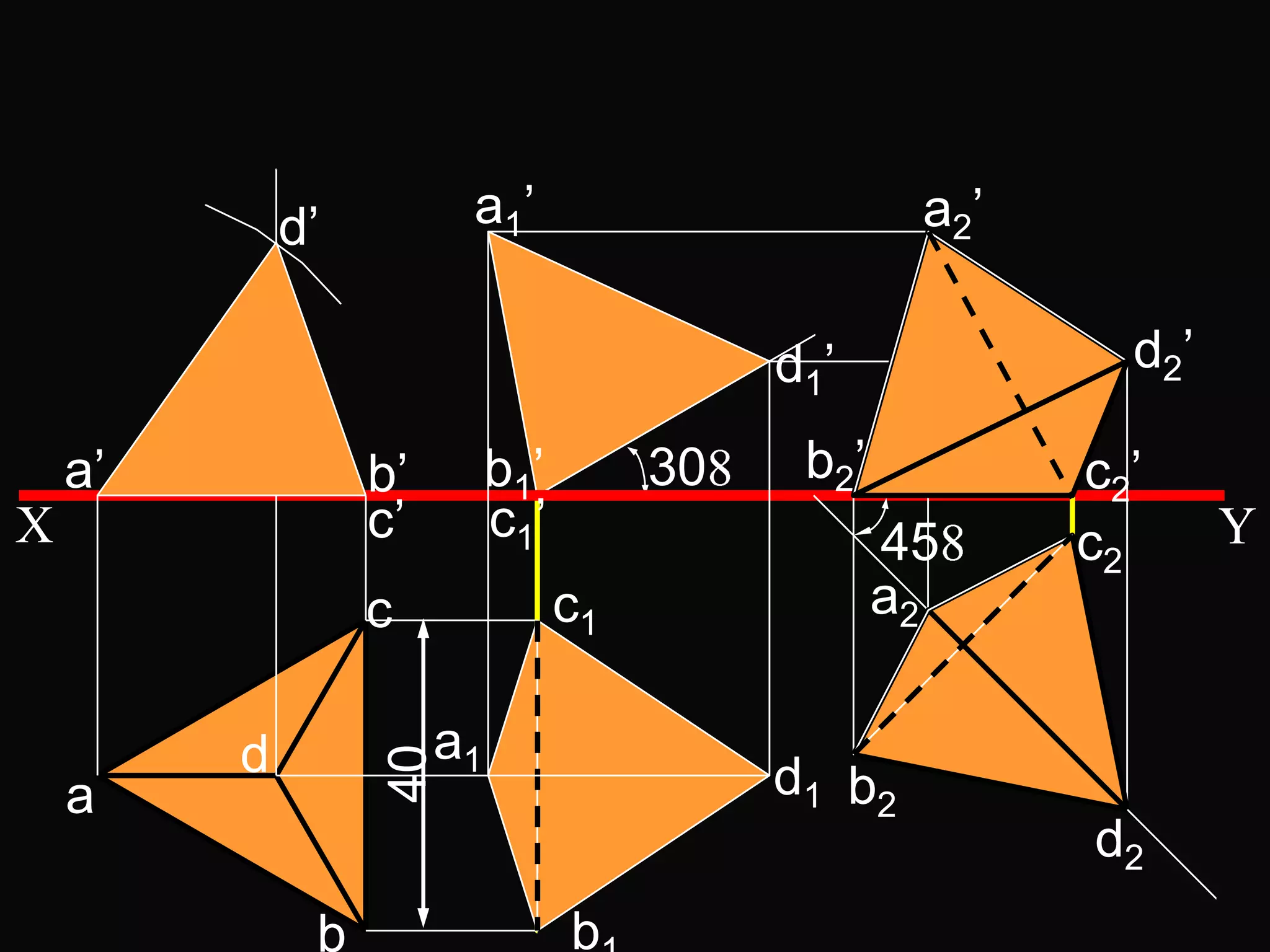 d’         a1 ’                        a2’

                                            d1’             d2 ’

    a’            b’        b1’        30    b2’          c2’
X                 c’        c1’                    45     c2       Y
                  c               c1               a2

         d             a1
                  40




    a                                       d1 b2
                                                          d2
              b                   b
 
