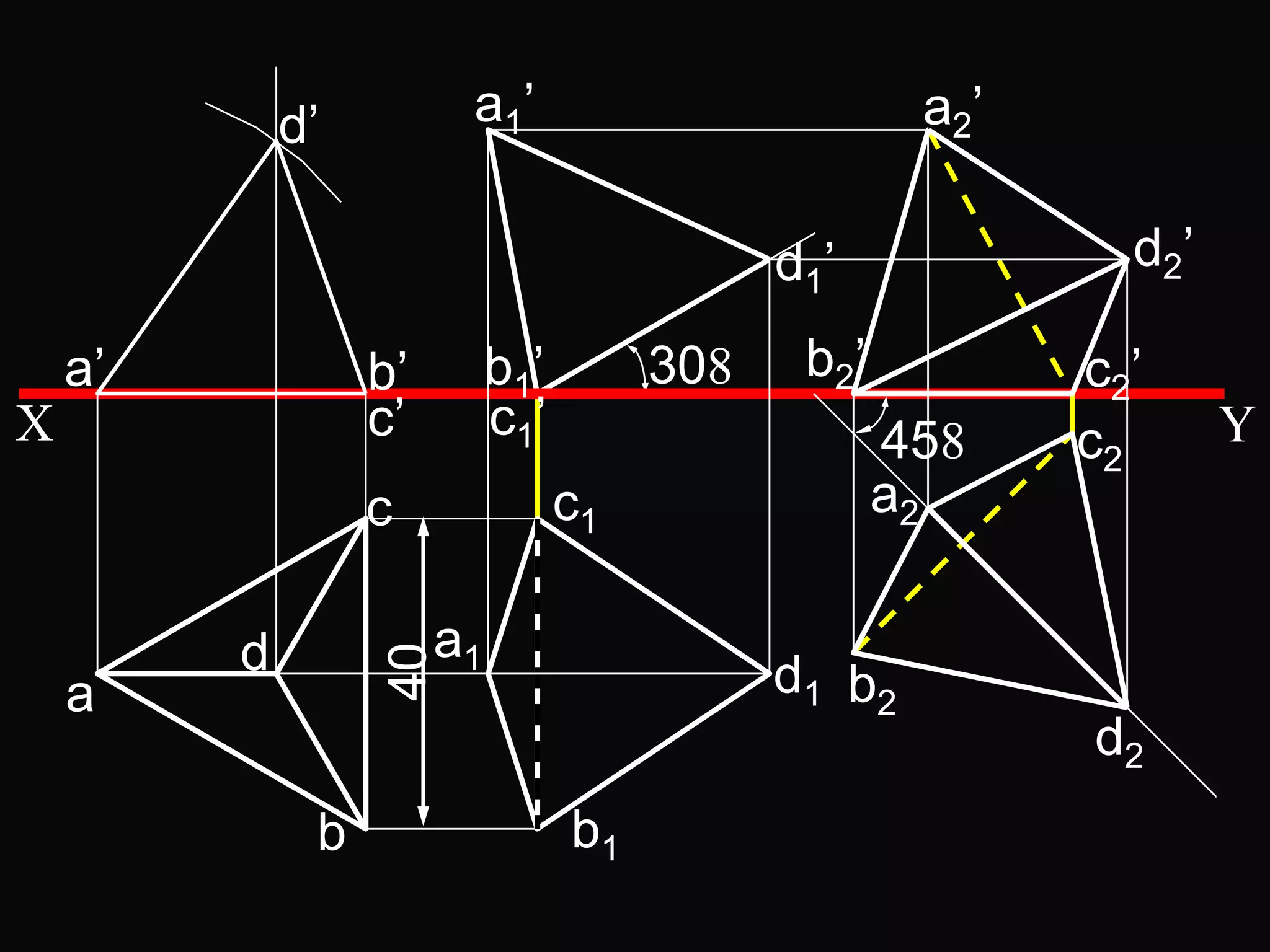 d’         a1’                         a2’

                                            d1’             d2’

    a’            b’        b1’        30    b2’          c2’
X                 c’        c1’                    45     c2      Y
                  c               c1               a2

         d             a1
                  40




    a                                       d1 b2
                                                          d2
              b                   b1
 