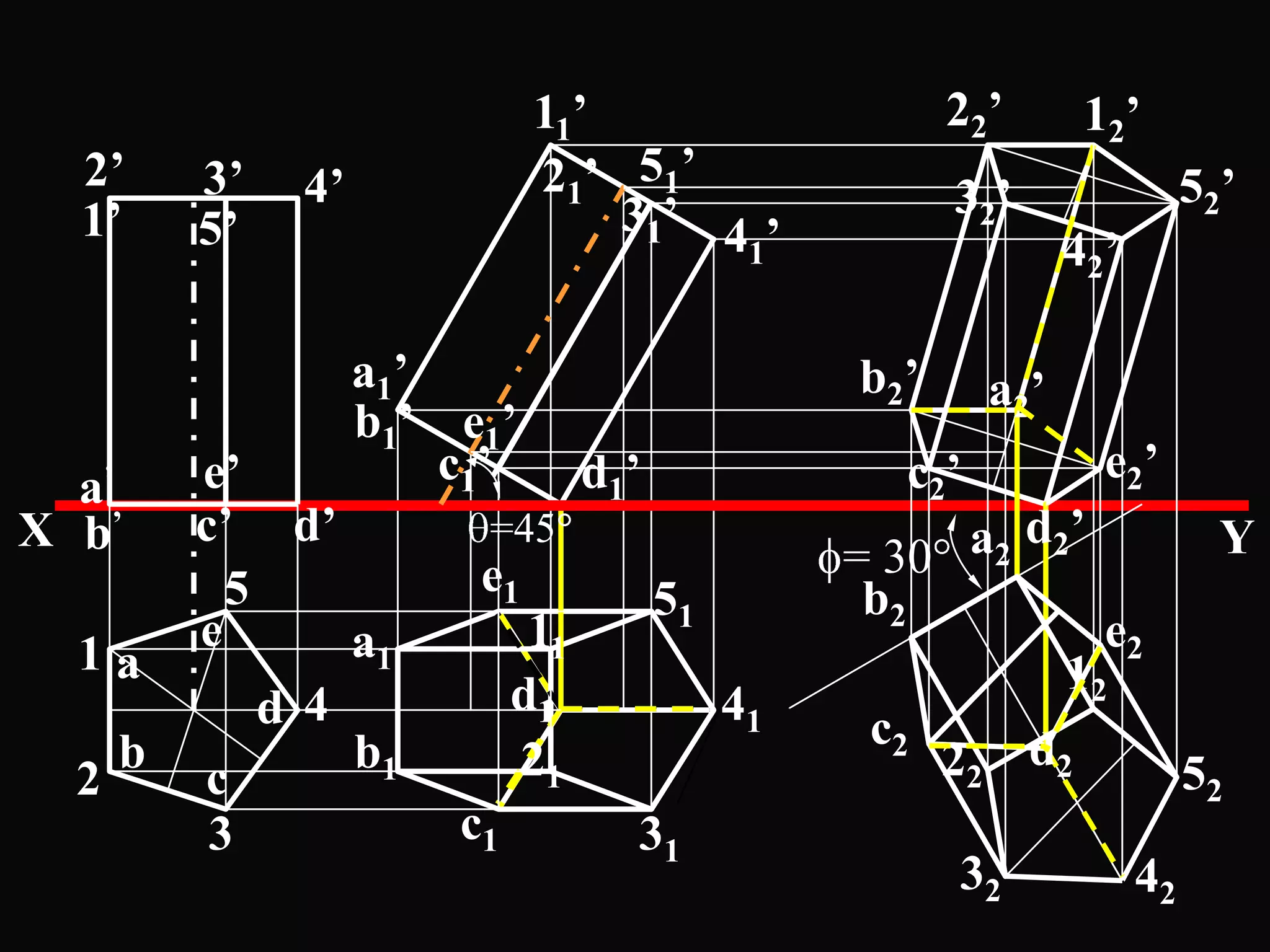 11’                        2 2’      1 2’
    2’      3’   4’             21’ 51’                    3 2’                 5 2’
    1’      5’                      3 1’ 4 ’
                                          1                         4 2’

                      a1’                            b2’     a 2’
                      b1’ e1’
            e’            c1’        d1’               c2’            e2’
    a’
X   b’      c’ d’          =45                            a2 d2’                  Y
                           e1                        = 30
              5                            51         b2
    1a      e       a1          11                                    e2
                               d1                                   12
                d 4                             41    c2
    2
        b
            c
                    b1         21                          22 d2                52
             3            c1           31
                                                           32              42
 