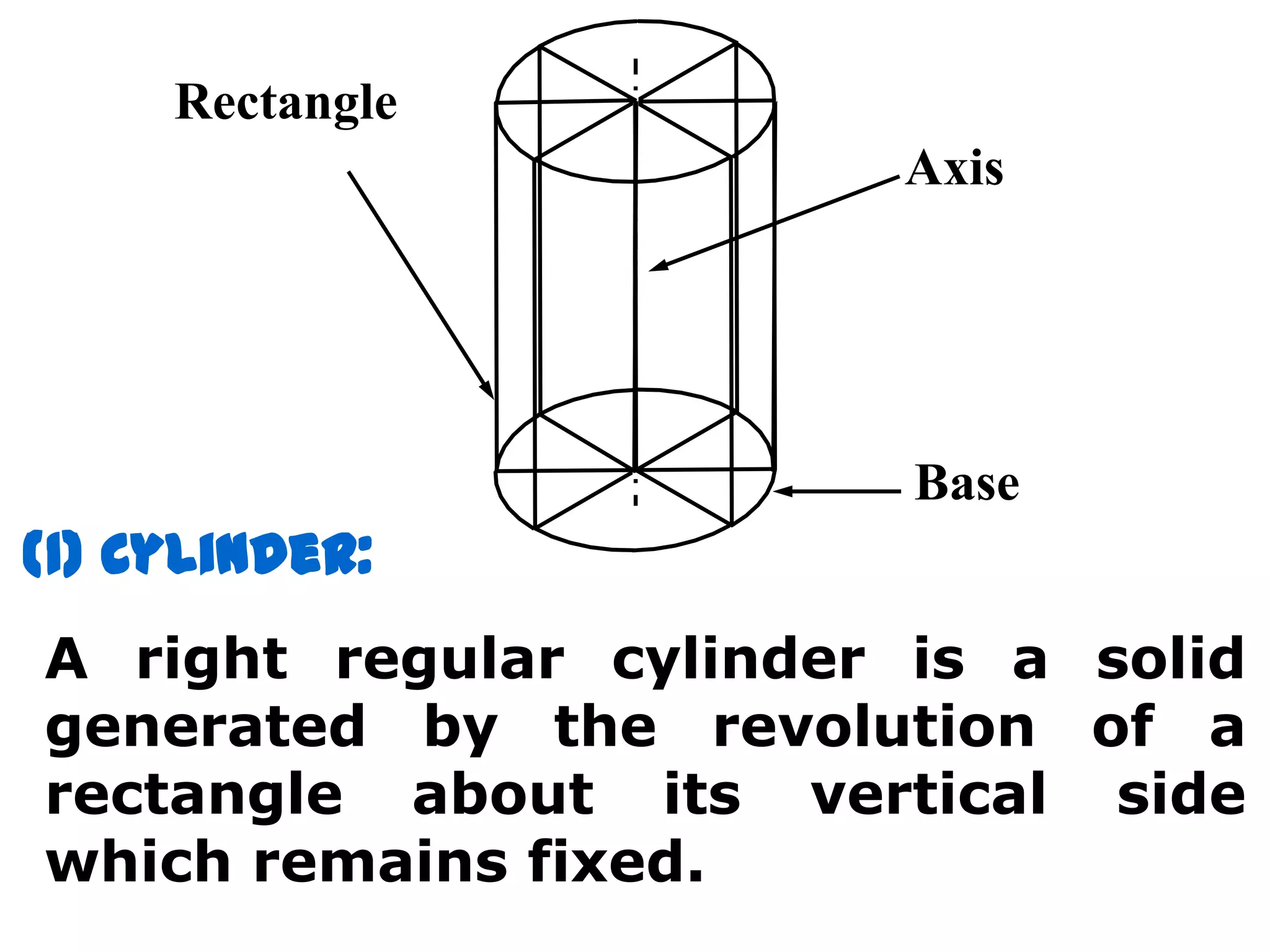 Rectangle
                         Axis




                         Base
(1) Cylinder:
A right regular cylinder is a solid
generated by the revolution of a
rectangle about its vertical side
which remains fixed.
 