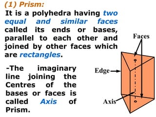 (1) Prism:
It is a polyhedra having two
equal and similar faces
called its ends or bases,
parallel to each other and     Faces
joined by other faces which
are rectangles.
-The    imaginary     Edge
line joining the
Centres of the
bases or faces is
called   Axis  of       Axis
Prism.
 