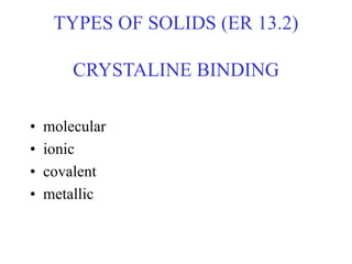 TYPES OF SOLIDS (ER 13.2)
CRYSTALINE BINDING
• molecular
• ionic
• covalent
• metallic
 