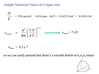 Sample Numerical Values for Copper slab
V
N
= 8.96 gm/cm3 1/63.6 amu 6e23 = 8.5e22 #/cm3 = 8.5e28 #/m3
efermi = 7 eV
3
/
2
2
3
8 








V
N
m
h
fermi

e
nmax = 4.3 e 7
so we can easily pretend that there’s a smooth distrib of nxnynz-states
 