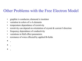 Other Problems with the Free Electron Model
• graphite is conductor, diamond is insulator
• variation in colors of x-A elements
• temperature dependance of resistivity
• resistivity can depend on orientation of crystal & current I direction
• frequency dependance of conductivity
• variations in Hall effect parameters
• resistance of wires effected by applied B-fields
• .
• .
• .
 