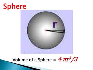 Volume of a Sphere = 4 πr3/3
Sphere
 