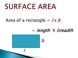 Area of a rectangle = l X b
= length X breadth
b
l
 