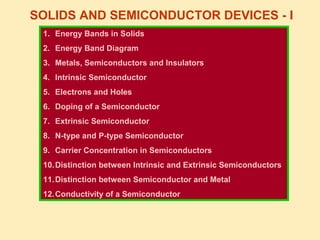 SOLIDS AND SEMICONDUCTOR DEVICES - I
1. Energy Bands in Solids
2. Energy Band Diagram
3. Metals, Semiconductors and Insulators
4. Intrinsic Semiconductor
5. Electrons and Holes
6. Doping of a Semiconductor
7. Extrinsic Semiconductor
8. N-type and P-type Semiconductor
9. Carrier Concentration in Semiconductors
10.Distinction between Intrinsic and Extrinsic Semiconductors
11.Distinction between Semiconductor and Metal
12.Conductivity of a Semiconductor
 